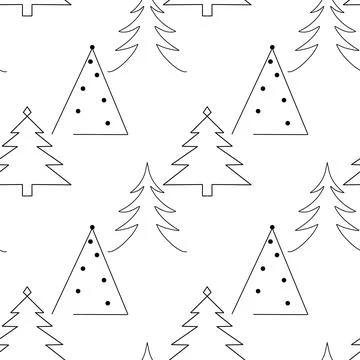 Seamless pattern. Line art of abstract Christmas trees with ornaments Stock Illustration
