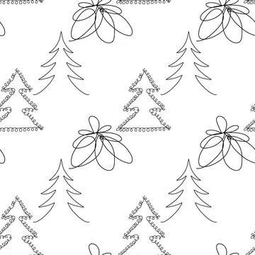 Seamless pattern. Line art of abstract Christmas trees with ornaments Stock Illustration