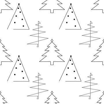 Seamless pattern. Line art of abstract Christmas trees with ornaments Stock Illustration