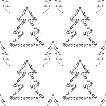 Seamless pattern. Line art of abstract Christmas trees with ornaments Stock Illustration