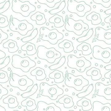 Seamless pattern of line art breakfast items with eggs, sausages, and herbs.. Stock Illustration