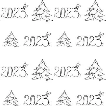 Seamless pattern Line art christmas tree and 2023 inscription. Vector illustr Stock Illustration