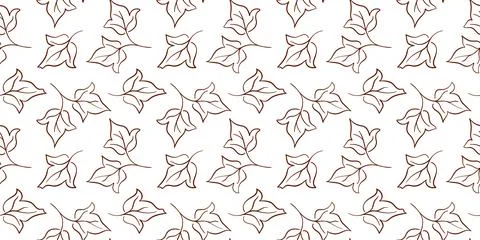Seamless pattern with line art cotton plant leaf in brown outline style on white Stock Illustration
