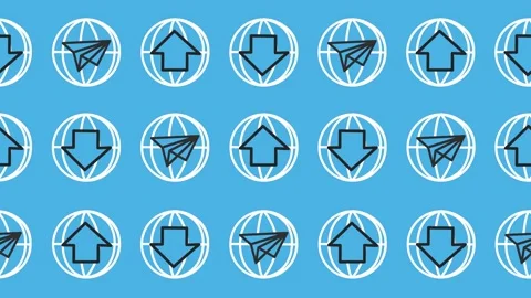 Seamless pattern of line art globe, download or upload, and messaging icons Stock Footage 318999279