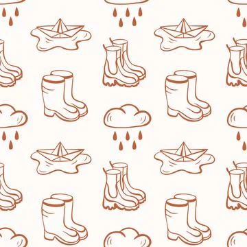 Seamless pattern with line art hand drawn rain autumn theme doodle including Stock Illustration