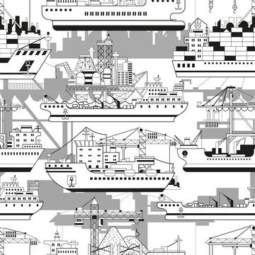 Seamless pattern with line art illustrations of modern commercial ships 스톡 일러스트