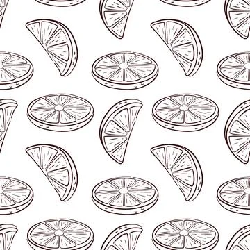 Seamless pattern with line art lemon slice on white background. Perfect for Stock Illustration
