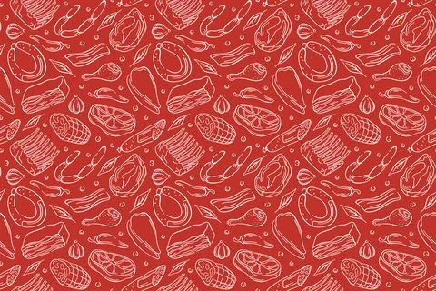 Seamless pattern with line art meat steak, sausage, bacon, drumstick, garlic Stock Illustration