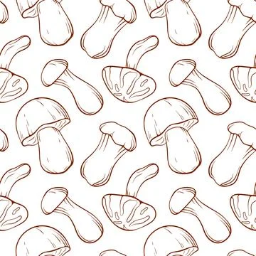 Seamless pattern with line art mushroom on white background. Boletus, Trumpet Stock Illustration