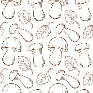 Seamless pattern of line art mushroom and leaves on white background in sketch Stock Illustration