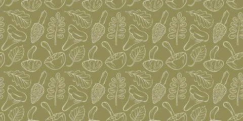 Seamless pattern of line art mushroom and autumn leaf on green background Stock Illustration