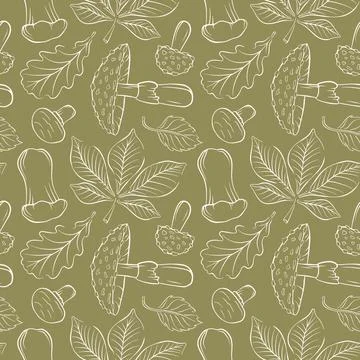 Seamless pattern of line art mushroom and autumn leaves on olive green Stock Illustration