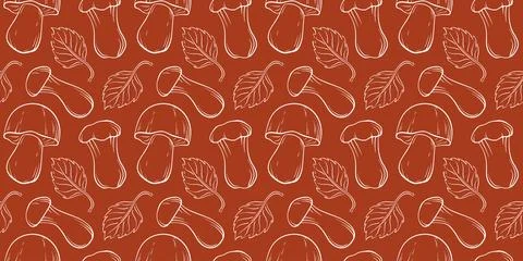 Seamless pattern of line art mushrooms and leaves on red background. Perfect for 스톡 일러스트