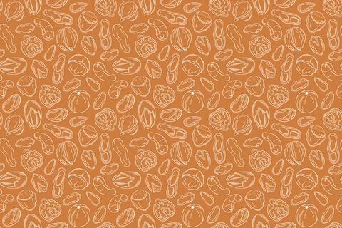 Seamless pattern with line art nut on brown background. Peanut, almond, walnut Stock Illustration