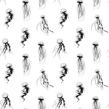Seamless pattern Line art one line jellyfish for decoration design. Stock-Illustration