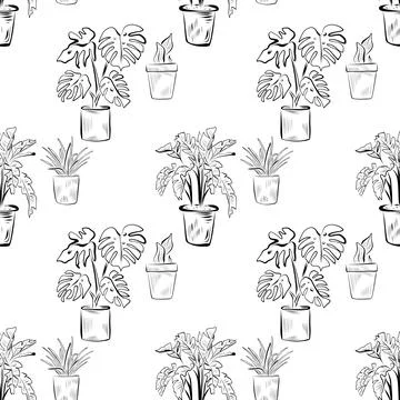 Seamless pattern. Line art of potted plants. vector drawing. Stock Illustration