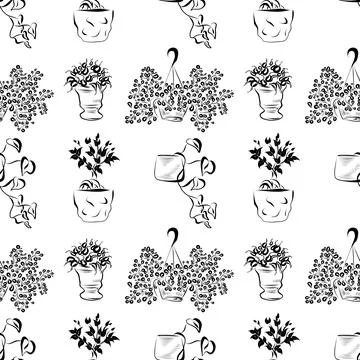 Seamless pattern. Line art of potted plants. vector drawing. Stock Illustration