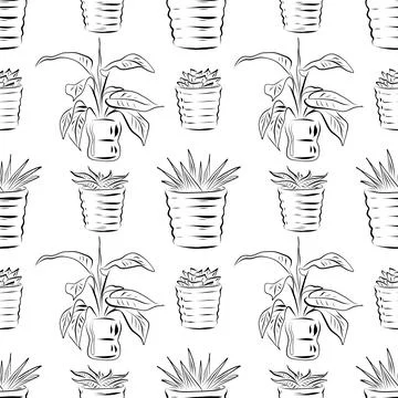 Seamless pattern. Line art of potted plants. vector drawing. Stock Illustration