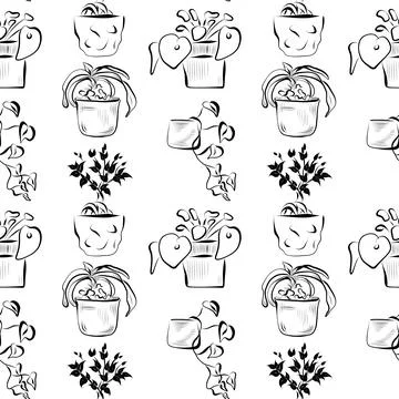 Seamless pattern. Line art of potted plants. vector drawing. Stock Illustration