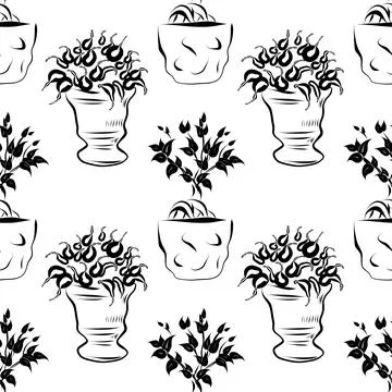 Seamless pattern. Line art of potted plants. vector drawing. Stock Illustration