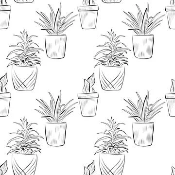 Seamless pattern. Line art of potted plants. vector drawing. Stock Illustration