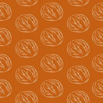 Seamless pattern of line art round bread loaves on a brown background. Ideal for Stock Illustration