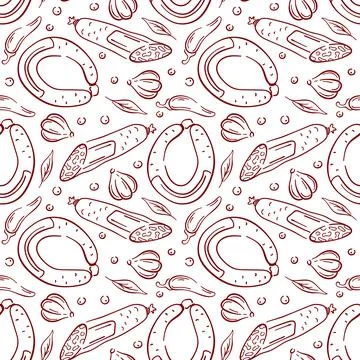 Seamless pattern with line art sausage, garlic, chili pepper, herbs and spice Stock Illustration