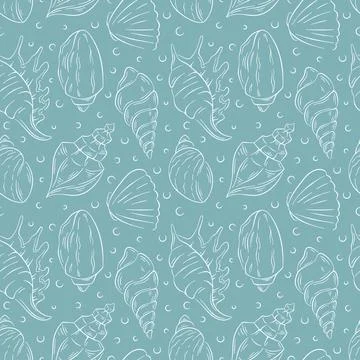 Seamless pattern of line art seashells on blue background. Elegant marine themed Stock Illustration