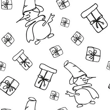 Seamless pattern Line art snowman and gifts. Vector illustration. Stock Illustration