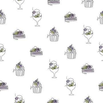 Seamless pattern with line art style desserts Stock Illustration