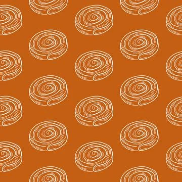 Seamless pattern with line art style cinnamon roll on orange background. Perfect Stock Illustration