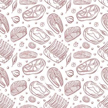 Seamless pattern with line art style meat cut and fish steak, vegetables and Illustrazione stock