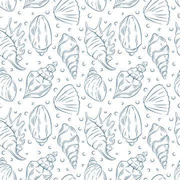 Seamless pattern with line art style seashell and ocean element. Perfect for Illustrazione stock