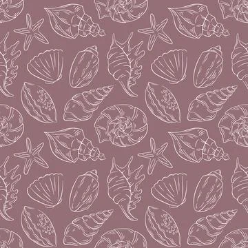 Seamless pattern with line art style seashell on brown background. Perfect for Stock Illustration
