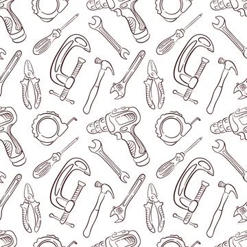 Seamless pattern with line art style tools, drill, hammer, pliers wrench and イラスト素材