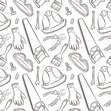 Seamless pattern with line art style construction tools including gloves, saw Stock Illustration