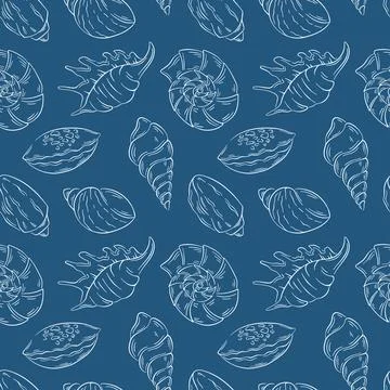 Seamless pattern with line art style sea shell on a blue background. Ideal for Illustrazione stock
