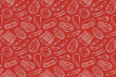 Seamless pattern with line art style meat cut, sausage, ribs, ham, bacon and Illustrazione stock