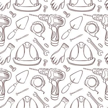 Seamless pattern of line art style construction tool including drill, helmet イラスト素材