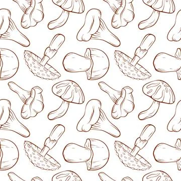 Seamless pattern of line art style mushroom fly agaric, Boletus, Chanterelle Stock Illustration