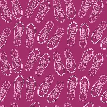 Seamless pattern of line art style sneakers on purple background. Great for Stock Illustration