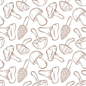 Seamless pattern of line art style mushroom on white background. Boletus Stock Illustration