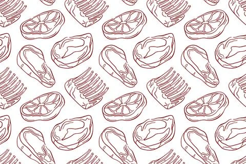 Seamless pattern with line art style raw meat cut, steak, ribs and lamb white Stock Illustration