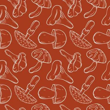 Seamless pattern of line art style mushroom fly agaric, Boletus, Chanterelle Stock Illustration