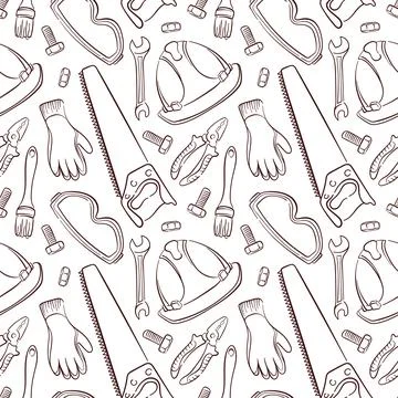 Seamless pattern with line art style repair tools like gloves, saw, pliers イラスト素材