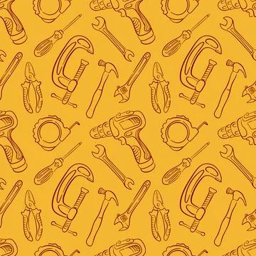 Seamless pattern with line art style tools, drill, hammer, pliers wrench and Stock Illustration