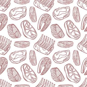 Seamless pattern with line art style pieces of meat and fish, steak, ribs and Stock Illustration