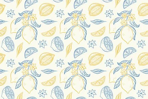 Seamless pattern with line art style lemon, leaf and flower on a white Stock Illustration