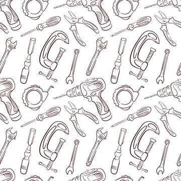 Seamless pattern with line art style tools, drill, clamp, pliers, wrench and Stock Illustration