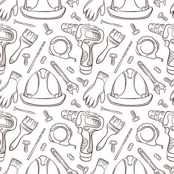 Seamless pattern of line art style construction tool drill, helmet, gloves Illustrazione stock